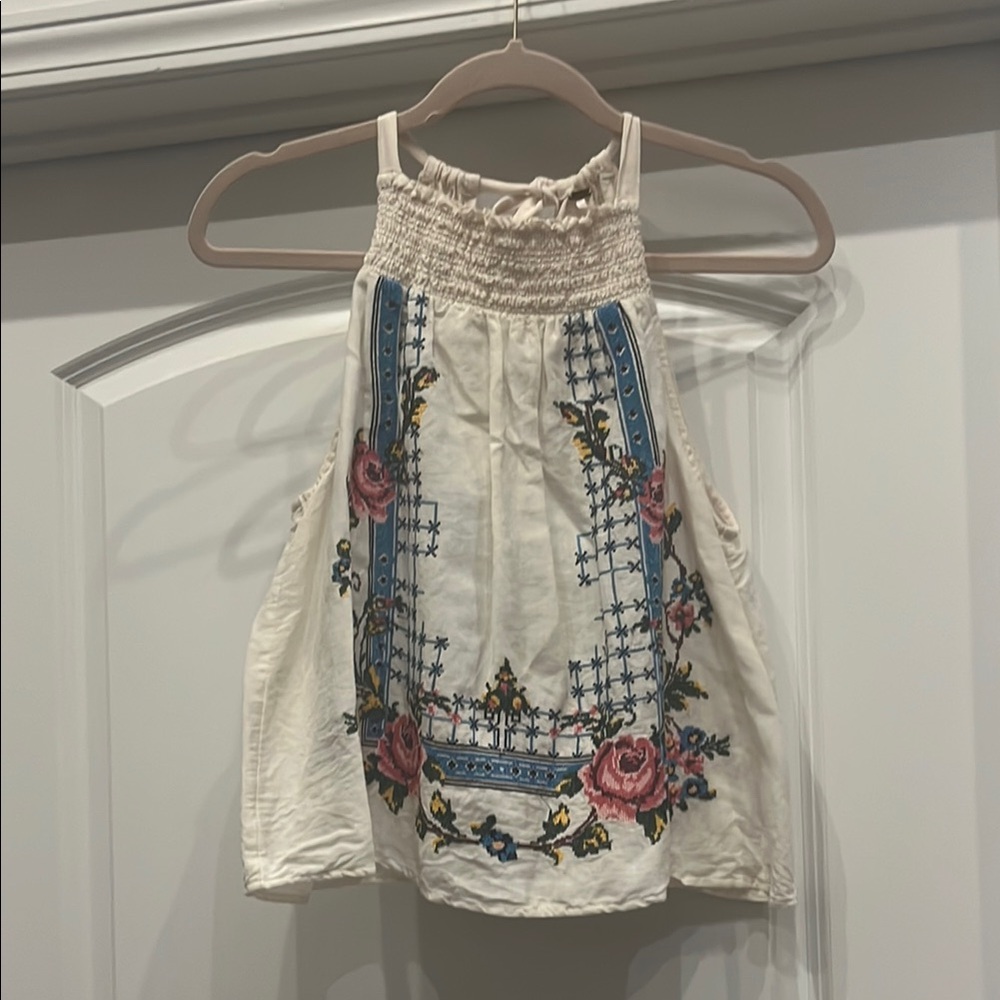 Free People Cream and Blue Embellished Tank Top Size Large